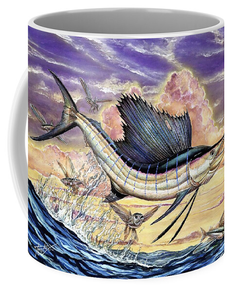 Sailfish Coffee Mug featuring the painting Sailfish And Flying Fish In The Sunset by Terry Fox