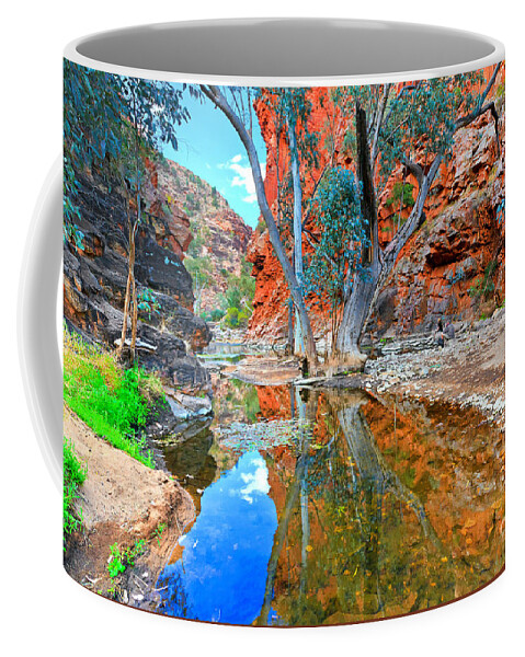 Serpentine Gorge Central Australia Northern Territory Outback Landscape Australian Gum Tree Water Hole Coffee Mug featuring the photograph Serpentine Gorge Central Australia by Bill Robinson