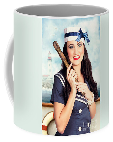 Nautical Coffee Mug featuring the photograph Smiling young pinup sailor girl. Sea search and rescue by Jorgo Photography