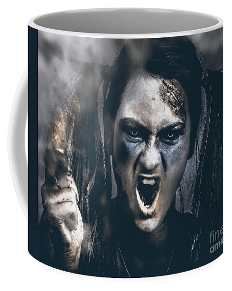 Face Coffee Mug featuring the photograph Spooky portrait of dead school girl giving finger #1 by Jorgo Photography