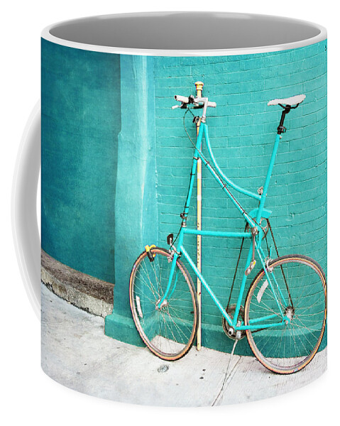Turquoise Coffee Mug featuring the photograph Tall Bike on Aqua Blue Green by Brooke T Ryan