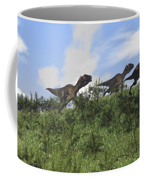Animal Coffee Mug featuring the digital art Two Utahraptors Chasing A Gigantoraptor #1 by Kostyantyn Ivanyshen