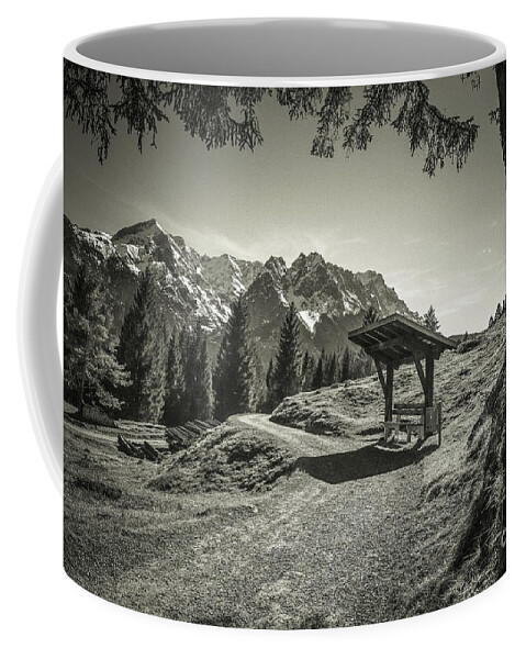 Alpspitze Coffee Mug featuring the photograph walking in the Alps - bw #1 by Hannes Cmarits