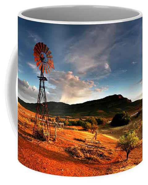Wilpena Pound Windmill Rawnsley Bluff Flinders Ranges South Australia Australian Landscape Landscapes Early Morning Dam Drought Outback Coffee Mug featuring the photograph Wilpena Pound #14 by Bill Robinson