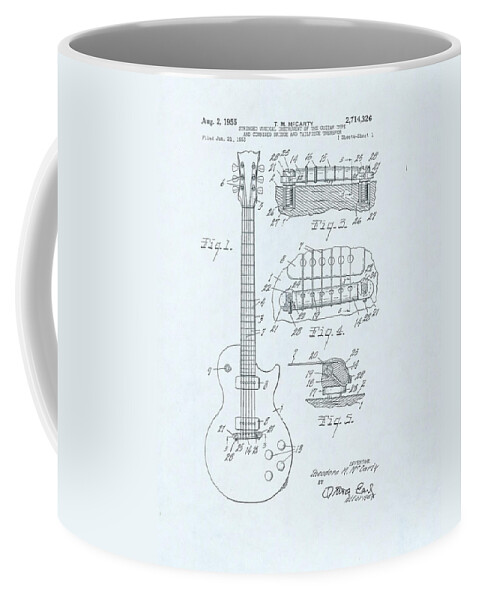 Electric Coffee Mug featuring the drawing Guitar Patent Drawing on blue background by Steve Kearns