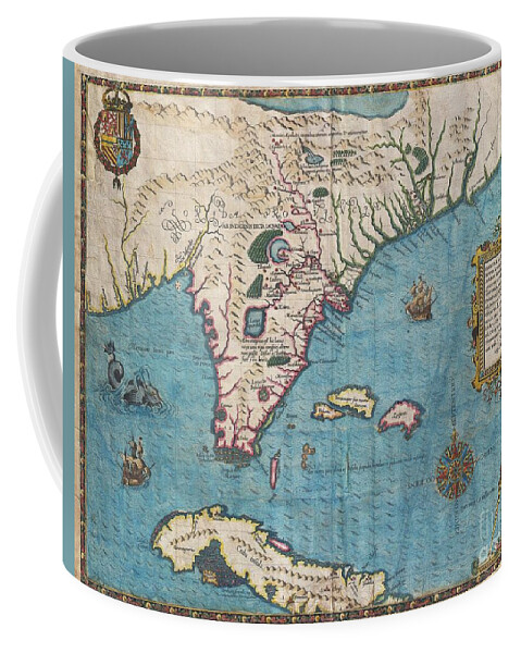 The Most Remarkable And Important Map Coffee Mug featuring the photograph 1591 De Bry and Le Moyne Map of Florida and Cuba by Paul Fearn