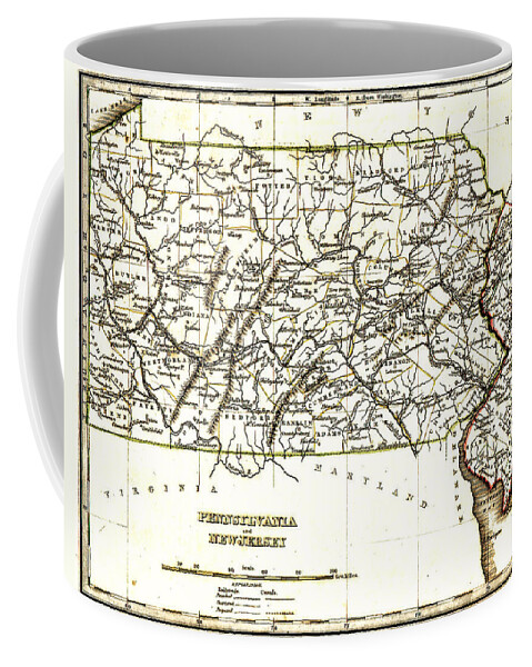 1835 Pennsylvania And New Jersey Map Coffee Mug featuring the drawing 1835 Pennsylvania and New Jersey Map by Bill Cannon