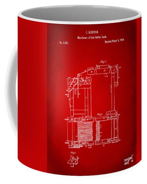 Charles Goodyear Coffee Mug featuring the digital art 1844 Charles Goodyear India Rubber Goods Patent Red by Nikki Marie Smith