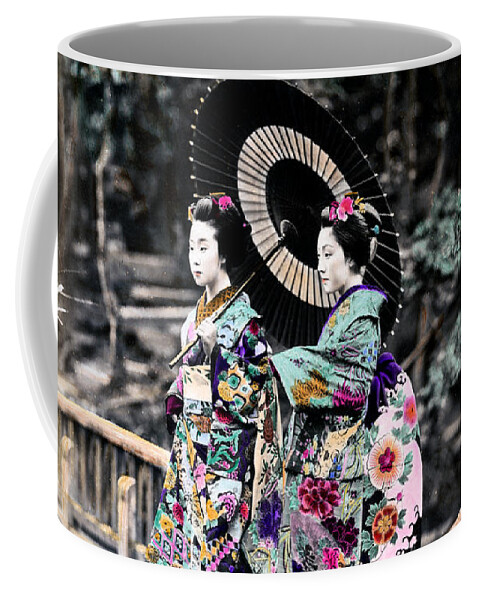 Retro Coffee Mug featuring the photograph 1870 Two Geisha Girls under Umbrella by Historic Image