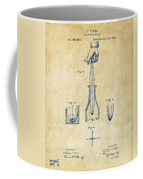 Corkscrew Coffee Mug featuring the digital art 1878 Cork Extractor Patent Artwork - Vintage by Nikki Marie Smith