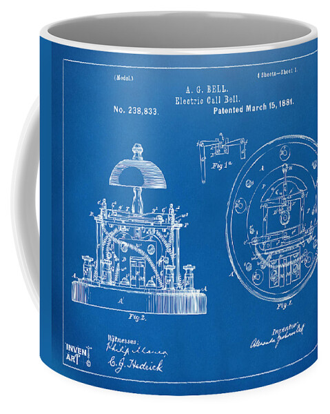 Alexander Graham Bell Coffee Mug featuring the digital art 1881 Alexander Graham Bell Electric Call Bell Patent Blueprint by Nikki Marie Smith
