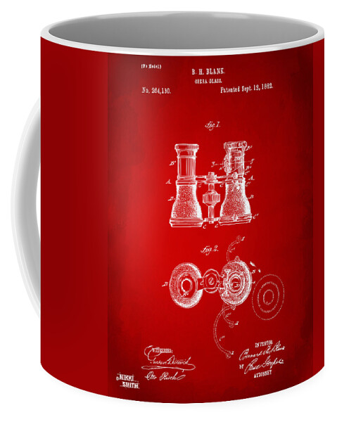 Opera Glasses Coffee Mug featuring the drawing 1882 Opera Glass Patent Artwork - Red by Nikki Marie Smith