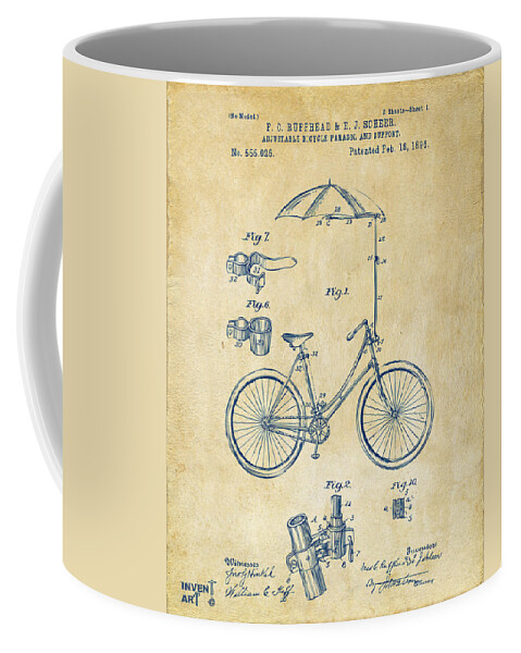 Bicycle Coffee Mug featuring the digital art 1896 Bicycle Parasol Patent Artwork Vintage by Nikki Marie Smith