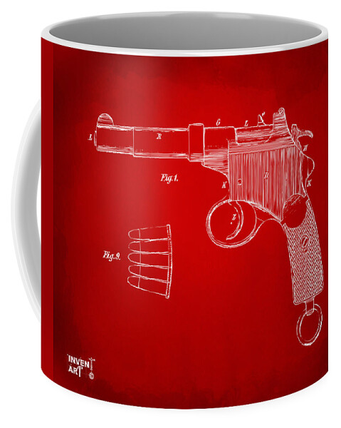 Gun Coffee Mug featuring the digital art 1897 Mannlicher Pistol Patent Minimal - Red by Nikki Marie Smith