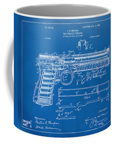 Gun Coffee Mug featuring the digital art 1903 McClean Pistol Patent Artwork - Blueprint by Nikki Marie Smith
