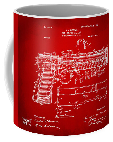 Gun Coffee Mug featuring the digital art 1903 McClean Pistol Patent Artwork - Red by Nikki Marie Smith