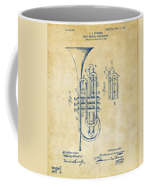 Trumpet Coffee Mug featuring the digital art 1906 Brass Wind Instrument Patent Artwork Vintage by Nikki Marie Smith