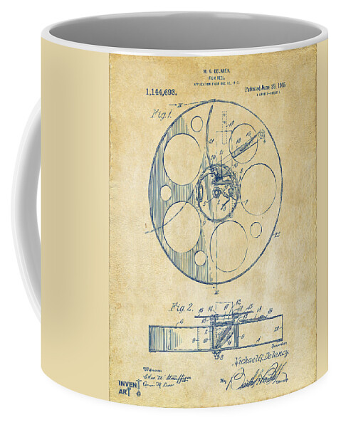 Movie Coffee Mug featuring the digital art 1915 Movie Film Reel Patent Vintage by Nikki Marie Smith