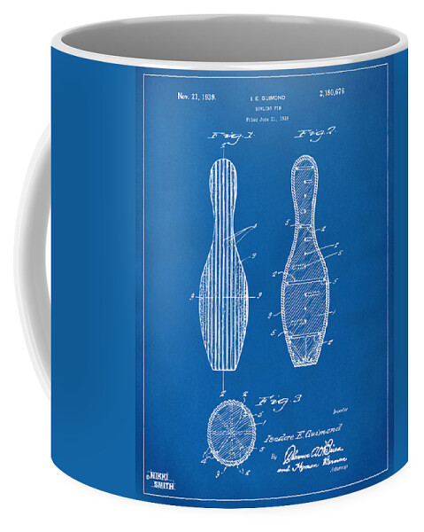 Bowling Coffee Mug featuring the digital art 1939 Bowling Pin Patent Artwork - Blueprint by Nikki Marie Smith