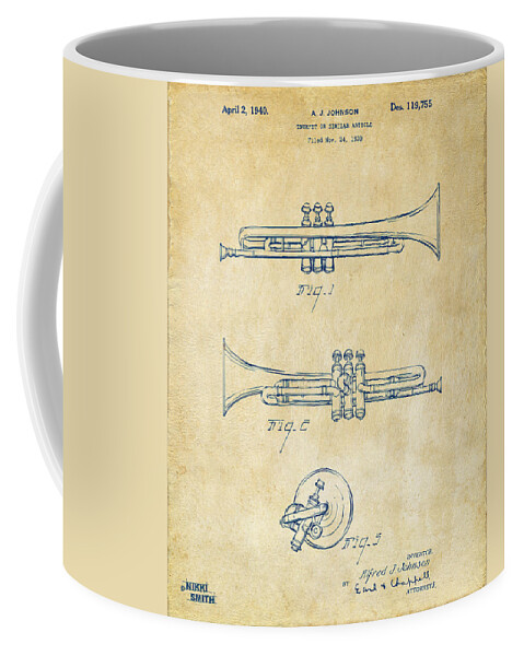 Trumpet Coffee Mug featuring the drawing 1940 Trumpet Patent Artwork - Vintage by Nikki Marie Smith