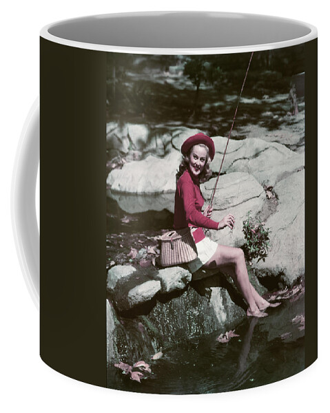 1940s 1950s Smiling Woman Fly Fishing Coffee Mug
