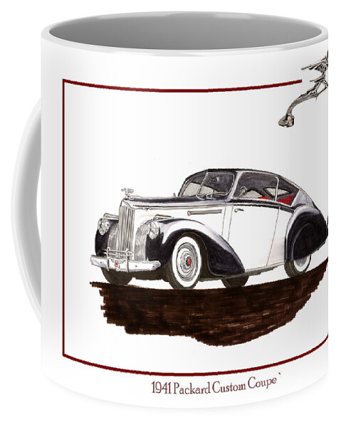 Classic Automotive Art By Jack Pumphrey Of The 1941 Norman's Garage Packard Custom Coupe-shoot Coffee Mug featuring the painting Packard Custom Coupe 120 by Jack Pumphrey