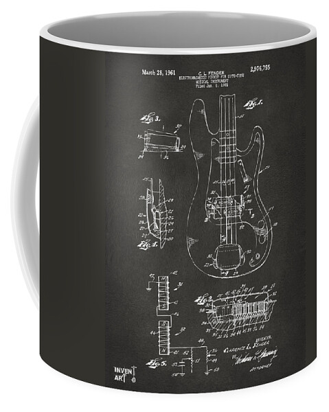 Guitar Coffee Mug featuring the digital art 1961 Fender Guitar Patent Artwork - Gray by Nikki Marie Smith