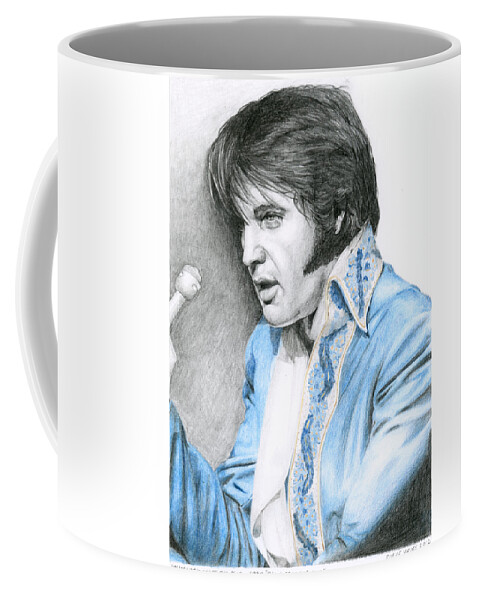 Elvis Coffee Mug featuring the drawing 1970 Blue Brocade Suit by Rob De Vries