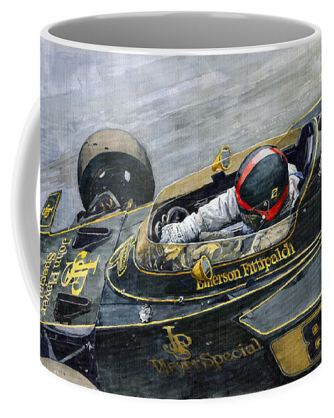 Watercolor Coffee Mug featuring the painting 1972 Monaco GP Emerson Fittipaldi Lotus72 D by Yuriy Shevchuk