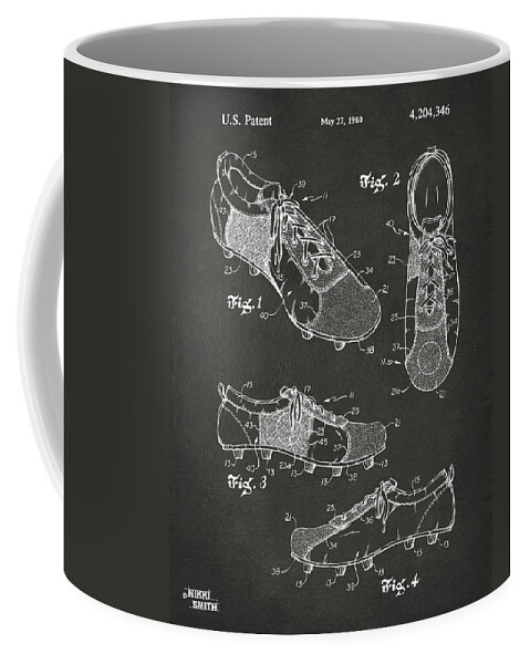 Soccer Coffee Mug featuring the digital art 1980 Soccer Shoes Patent Artwork - Gray by Nikki Marie Smith