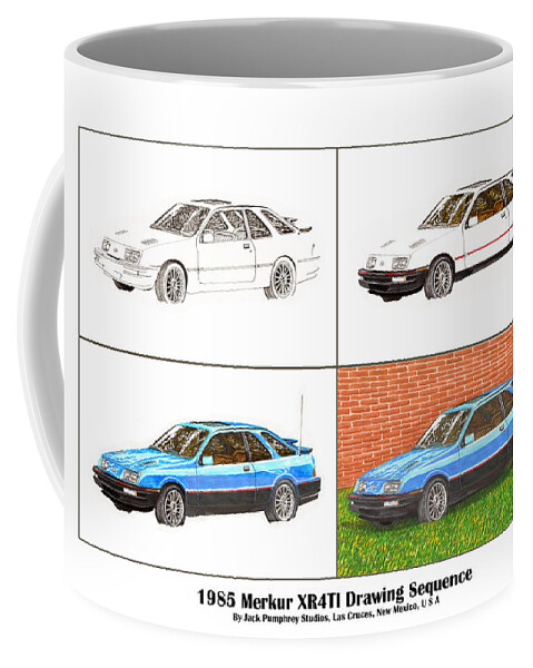 The Merkur Xr4ti Was A Short-lived United States And Canada-market Version Of The European Ford Sierra Xr4i Coffee Mug featuring the painting 1985 Merkur XR4TI Drawing Sequence by Jack Pumphrey