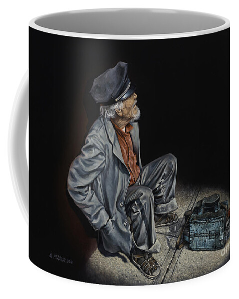 Shoeshiner Coffee Mug featuring the painting Empty Pockets by Ricardo Chavez-Mendez