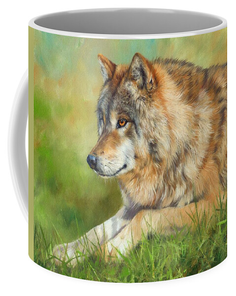 Wolf Coffee Mug featuring the painting Grey Wolf #2 by David Stribbling
