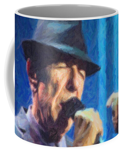 Leonard Cohen Coffee Mug featuring the digital art Leonard Cohen in concert 2013 #2 by Liz Leyden
