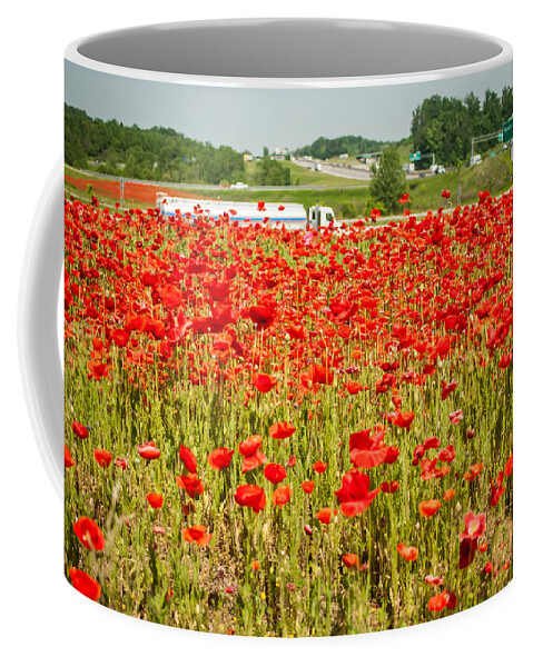 Freeway Coffee Mug featuring the photograph Red Poppy Field Near Highway Road #2 by Alex Grichenko
