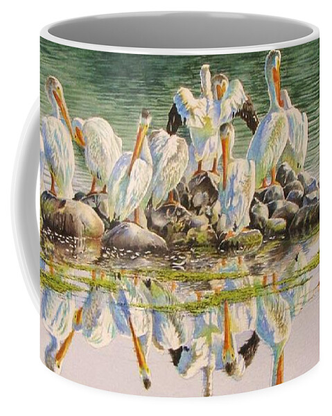 Pelican Coffee Mug featuring the painting Standing Room Only #2 by Greg and Linda Halom