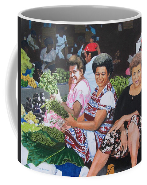 Women Coffee Mug featuring the mixed media Three Nice Ladies at a Fiji Market by Constance Drescher
