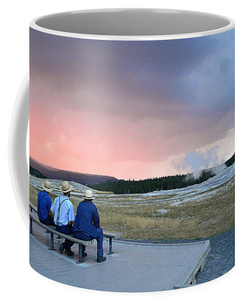 Old Faithful Coffee Mug featuring the photograph Waiting for Old Faithful Geyser at Sunset by Catherine Sherman