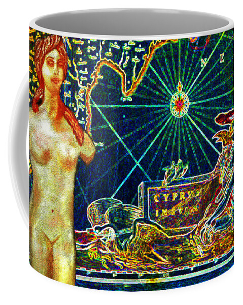 Augusta Stylianou Coffee Mug featuring the digital art Ancient Cyprus Map and Aphrodite by Augusta Stylianou