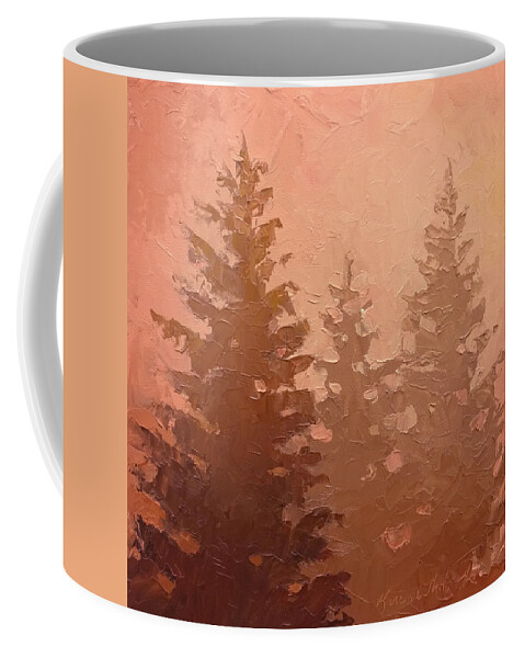 Tree Coffee Mug featuring the painting 3 Cedars in the Fog No. 1 by K Whitworth