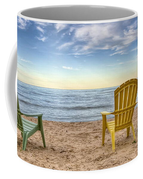 Chairs Beach Water Lake Sky Ocean Summer Relax Lake Michigan Wisconsin Door County Sand Chair Clouds Horizon Peace Calm Quiet Rest Vacation Waves Home Decor Fine Art Photography Fine Art For Sale Blue Yellow Green Landscape Photography Nautical Beach Scene Outdoors Shore Coast Coffee Mug featuring the photograph 3 Chairs by Scott Norris