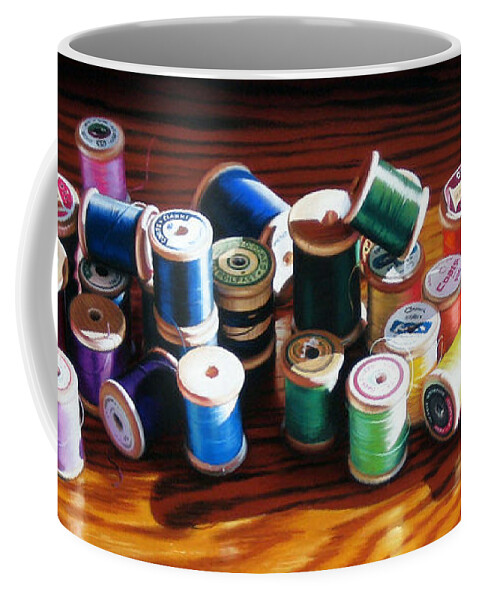 Thread Coffee Mug featuring the painting 30 Wooden Spools by Dianna Ponting