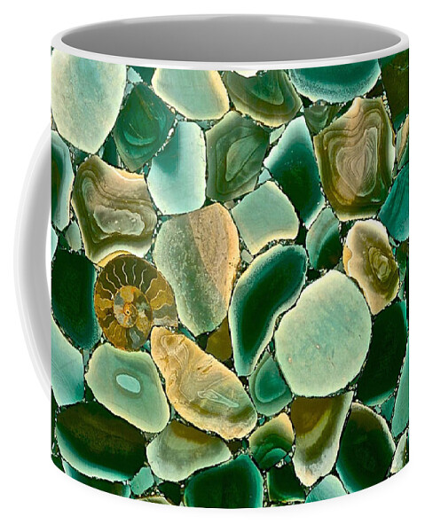 Ammonite Coffee Mug featuring the photograph Ammonite Fossil With Green Pebbles by Debra Amerson