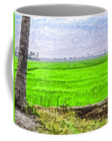 Blue Coffee Mug featuring the digital art Green fields with birds #5 by Ashish Agarwal