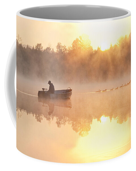 Landscape Coffee Mug featuring the photograph Sunrise in fog Lake Cassidy with fisherman in small fishing boat #1 by Jim Corwin