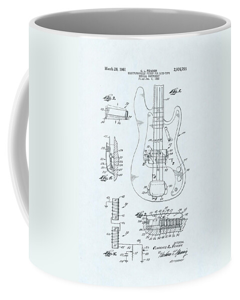 Electric Coffee Mug featuring the drawing Guitar Patent Drawing on blue background #5 by Steve Kearns