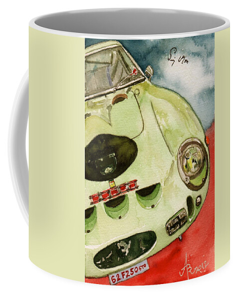 1962 Coffee Mug featuring the painting 62 Ferrari 250 GTO signed by Sir Stirling Moss by Anna Ruzsan