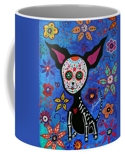 Day Of The Dead Coffee Mug featuring the painting Chihuahua Dia de los Muertos #4 by Pristine Cartera Turkus