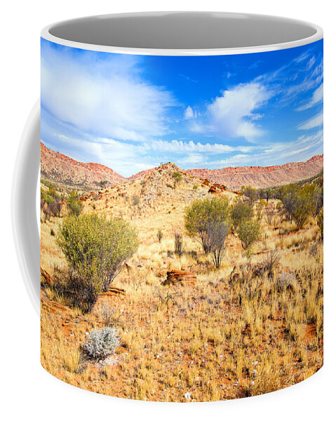 Central Australia Landscape Outback Water Hole West Mcdonnell Ranges Northern Territory Australian Landscapes Ghost Gum Trees Larapinta Drive Coffee Mug featuring the photograph West McDonnell Ranges Larapinta Drive by Bill Robinson