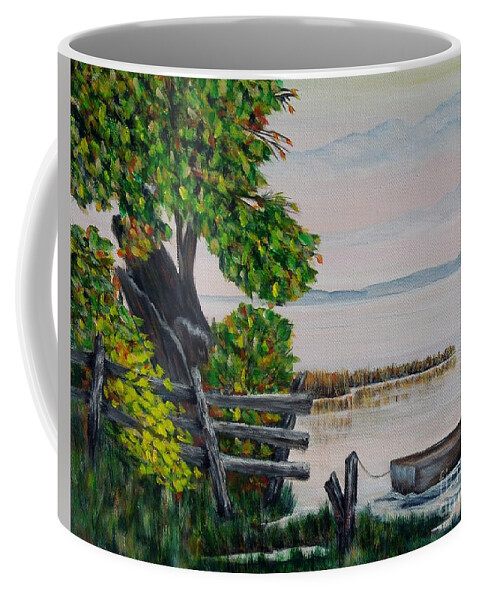 Canoe Coffee Mug featuring the painting A boat waiting 2 by Marilyn McNish